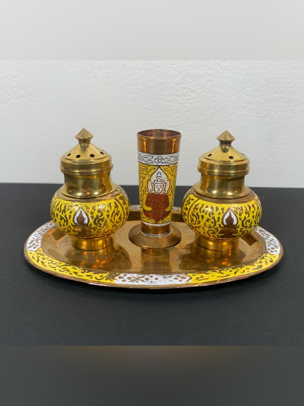 Vintage Enameled Brass Salt and Pepper Set Tray India